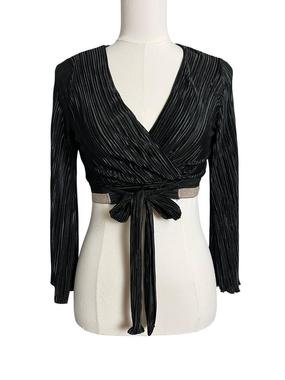 LUX LA Wrap Blouse Womens Small Black Pleated Long Sleeve Cropped Party Top